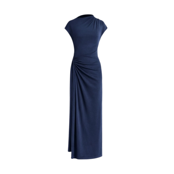 Asymmetrical Neck Ruched Fit Navy Blue Maxi Dress