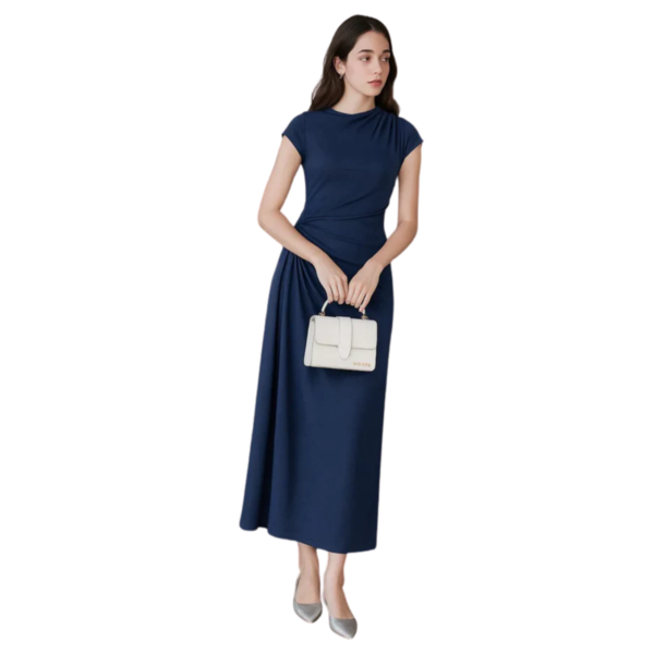 Asymmetrical Neck Ruched Fit Navy Blue Maxi Dress